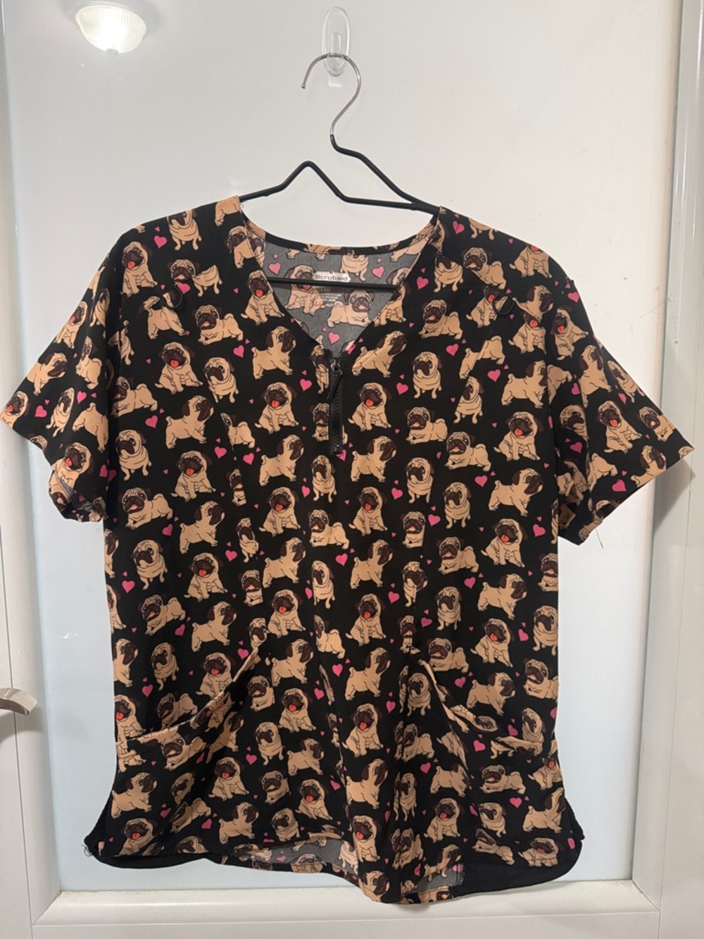 Women's Short Sleeve Pug Print Top - Black/Tan